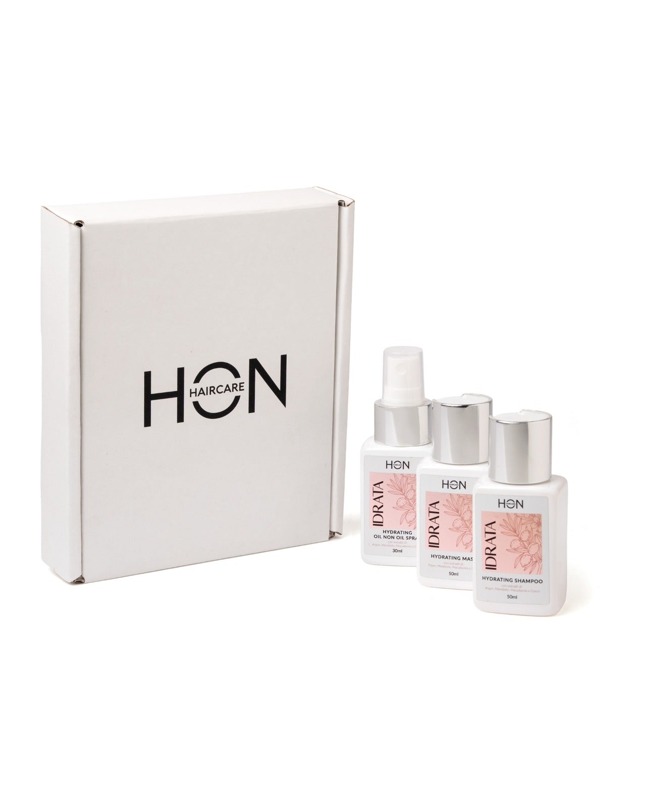Kit Mini size Idratazione  – Shampoo 50 ml, Maschera 50 ml, Olio Protettivo 30 ml con Argan e Cocco | Formato Travel HON Haircare